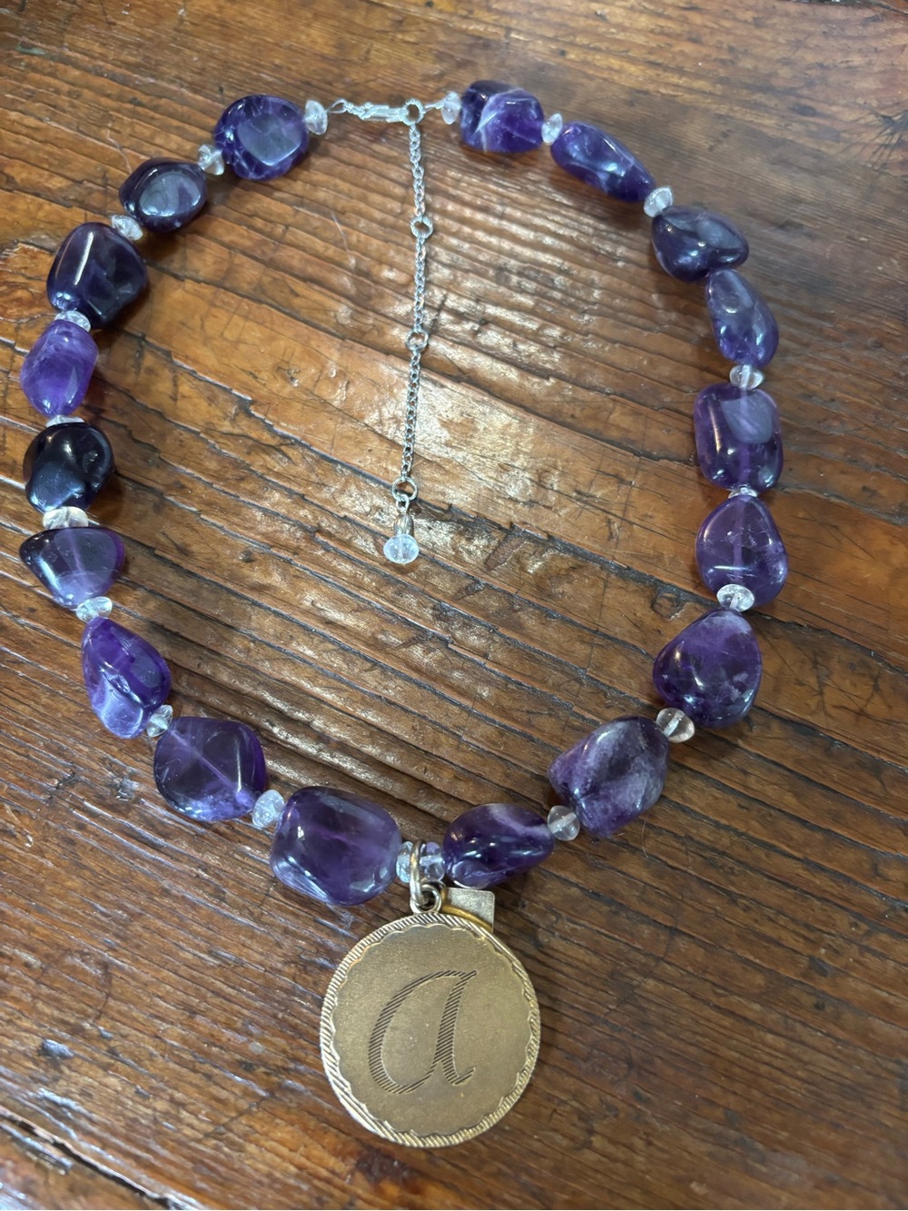 Amethyst Beaded Necklace with Gold Initial Pendant - A